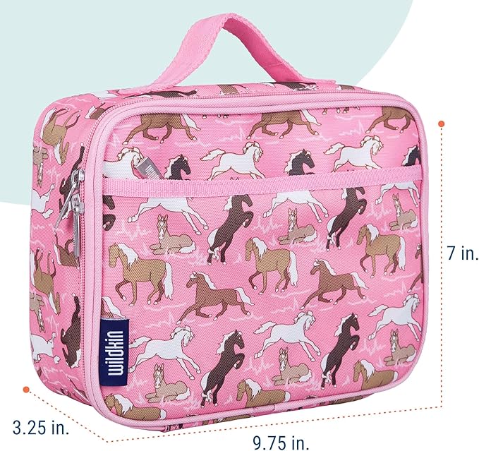 Wildkin Kids Insulated Lunch Box – Durable and Reusable for School & Travel - Horses in Pink