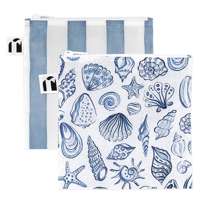 Roamio Reusable Sandwich and Snack Bags, for Kids School Lunch and for Adults Portion, Washable Fabric, Waterproof Cloth Zip Bag, Travel Pouch, Food-Safe, Large 2-pk Nautical Stripe and Blue Shells