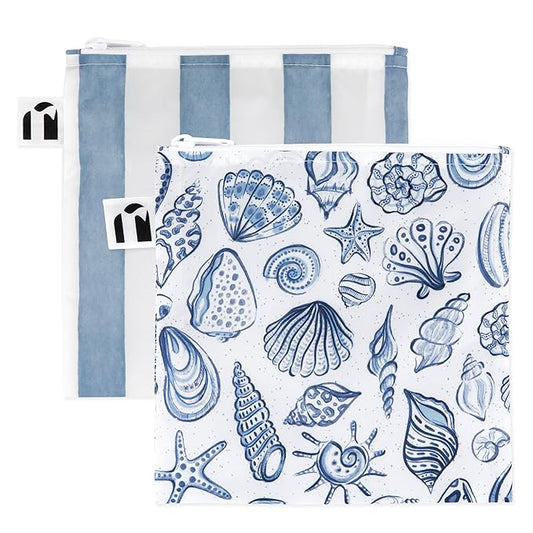 Roamio Reusable Sandwich and Snack Bags, for Kids School Lunch and for Adults Portion, Washable Fabric, Waterproof Cloth Zip Bag, Travel Pouch, Food-Safe, Large 2-pk Nautical Stripe and Blue Shells