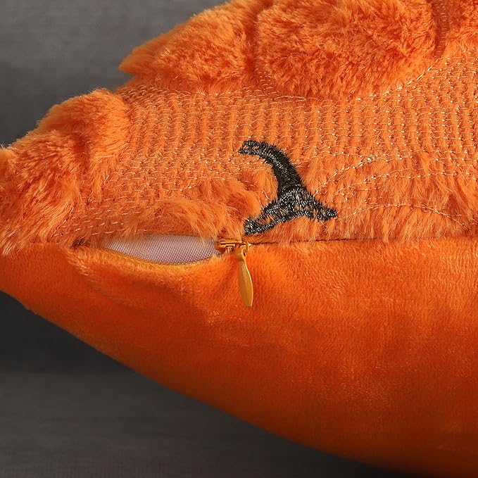 4TH Emotion Fall Pumpkin Decorative Pillow Covers 16x16 Set of 2, Orange Soft Plush Faux Fur Wool Farmhouse Throw Cushion Cases for Autumn Thanksgiving Holiday Home Decorations