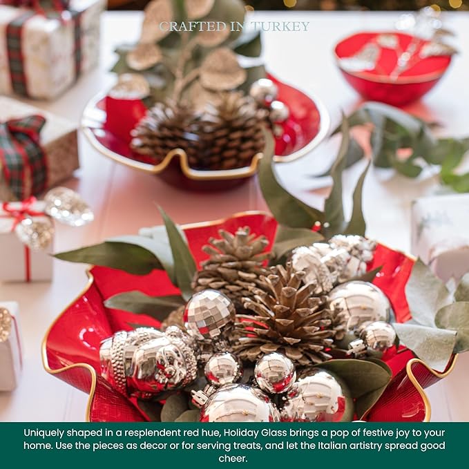 Vietri Holiday Glass Medium Ruffled Bowl, 12"D Red/Gold Decorative Christmas Serving/Mixing Dish