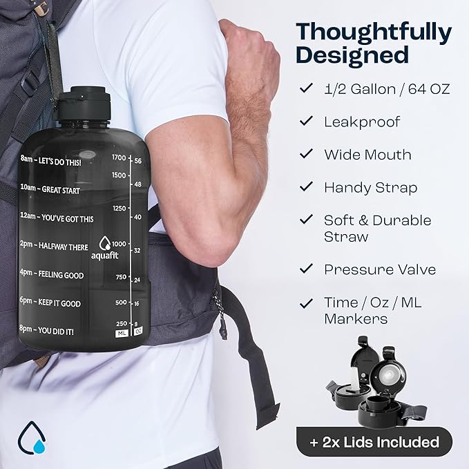 AQUAFIT Half Gallon Water Bottle with Time Marker - Straw & Chug Lid - BPA Free Gym Water Bottle with Straw - Big Gallon Jug (Clarity, 64 oz - 2 Lids)