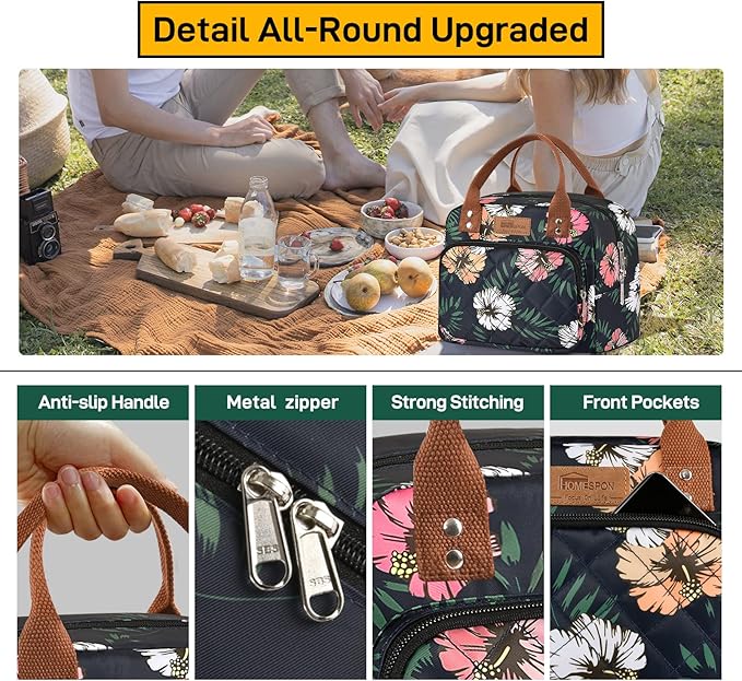 Buringer HOMESPON Lunch Bag for Woman Man Adults with Front Pocket Insulated Lunch Tote Lunch Box Container for Work Picnic or Travel（Green Leaves）