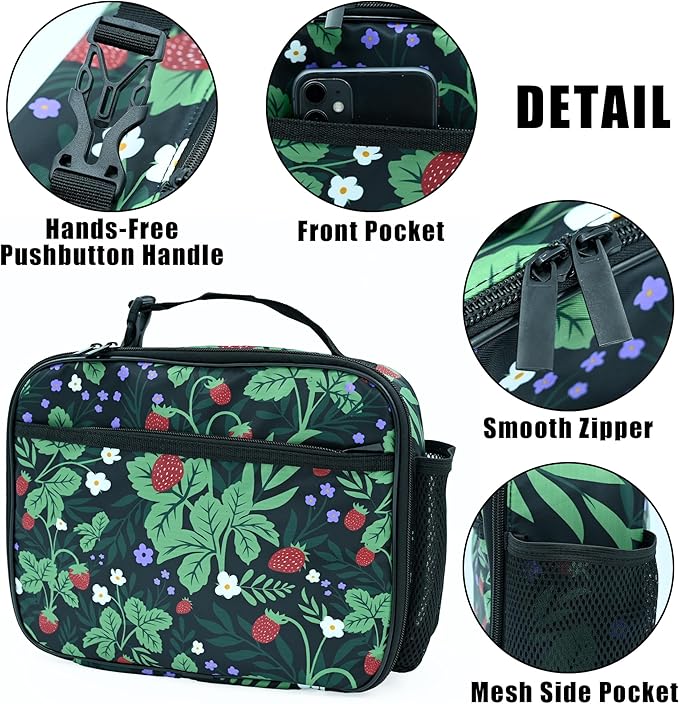 Strawberry Lunch Box Insulated Reusable Lunch Bag Tote Cooler for Women Men Boy Girl School Work Office Picnic