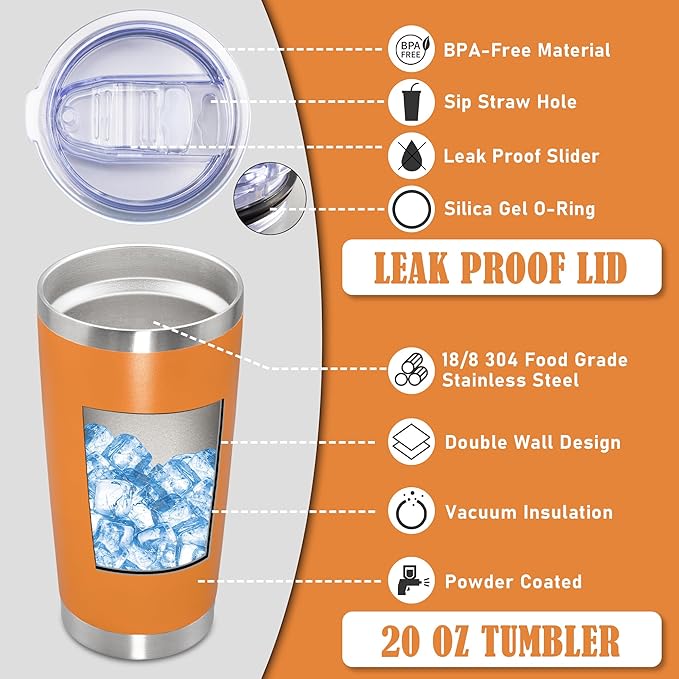 20 oz Tumbler Coffee Tavel Tumblers Bulk with Lid Stainless Steel Double Wall Vacuum Insulated Mug Powder Coated Cups fit Car Cupholder for Hot and Cold - Orange, 8Pack