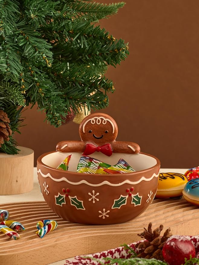 Bico Gingerbread Man Stoneware Hand Painted 17oz Candy Bowl, for treats, jam, sauce, snacks, Microwave and Dishwasher Safe
