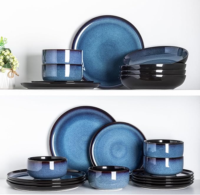 LeRatio Ceramic Dinnerware Sets for 6,Porcelain Plates and Bowls Sets,Handmade Reactive Glaze Dishes Set,Chip Resistant and Scratch Resistant | Oven&Dishwasher & Microwave Safe-Blue(18PCS)