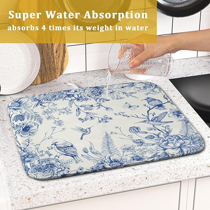 Chinoiserie Dish Drying Mat 16x18 Inches, Blue White Birds Floral Flowers Super Absorbent Microfiber Dish Rack Pad Mat for Kitchen Counter Coffee Bar