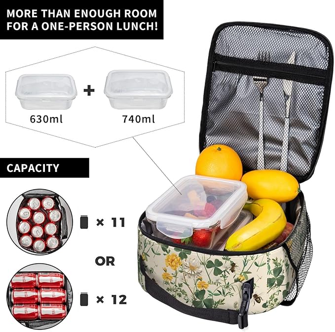 Cheerful Blossoms and Bees Lunch Box for Women Men, Insulated Lunch Box, Reusable Lunch Bag for Office, Work, Picnic, Travel