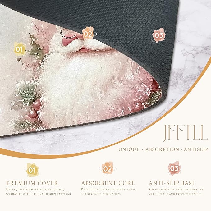 Pink Christmas Santa Dish Drying Mat, Winter Xmas Santa Absorbent Dish Drainer Reusable Washable Drying Mat Pad for Kitchen Counter, Pink Christmas Kitchen Decor, 12×15 Inch