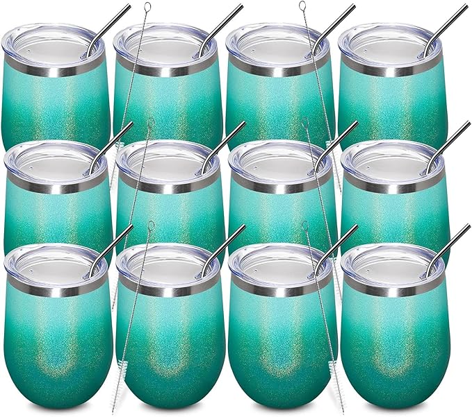 MEWAY 12oz/12 Pack Wine Tumbler Glasses with Lid - Stemless Double Wall Vacuum Stainless Steel Glitter Tumbler - Keeping Cold & Hot Cup for Coffee,for Women(Gradient Blue,Set of 12)
