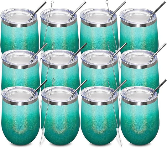 MEWAY 12oz/12 Pack Wine Tumbler Glasses with Lid - Stemless Double Wall Vacuum Stainless Steel Glitter Tumbler - Keeping Cold & Hot Cup for Coffee,for Women(Gradient Blue,Set of 12)