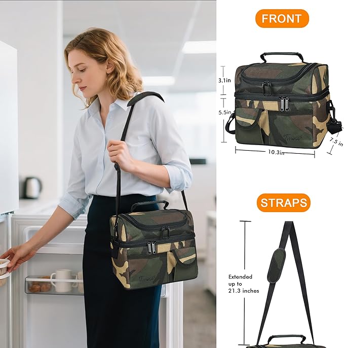 Tirrinia Reusable Lunch Box for Men Women, Insulated Lunch Bag Adult Work, Double Decker Leakproof Lunchbox for Office Picnic Beach—Dual Compartment Lunch Cooler Bag,Camo
