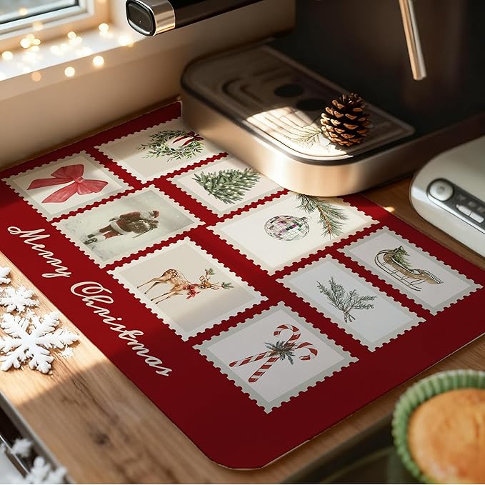 Vintage Red Christmas Dish Drying Mat, Christmas Tree Santa Reindeer Disco Coffee Bar Mat for Countertops, Merry Xmas Absorbent Dish Drying Mats for Kitchen Counter Coffee Maker, 16x24 Inch