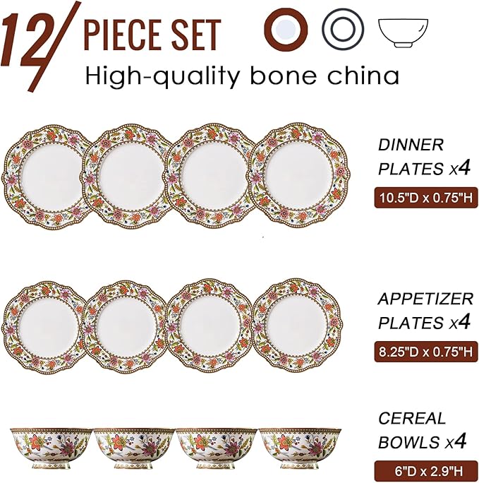 ACMLIFE Bone China Dinnerware Set for 4, 12-Piece Vintage Floral Dinnerware Set, Kitchen Plates and Bowls Set, Christmas Gifts for Women (Pink)