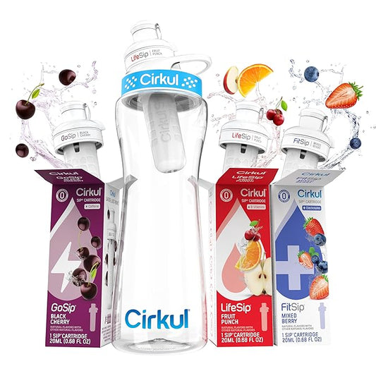 Cirkul 22oz. BPA-Free Plastic Water Bottle Starter Kit with Blue Lid, 3 Flavor Cartridges (1 LifeSip Fruit Punch, 1 FitSip Mixed Berry, 1 GoSip Black Cherry) Zero Calories and No Sugar