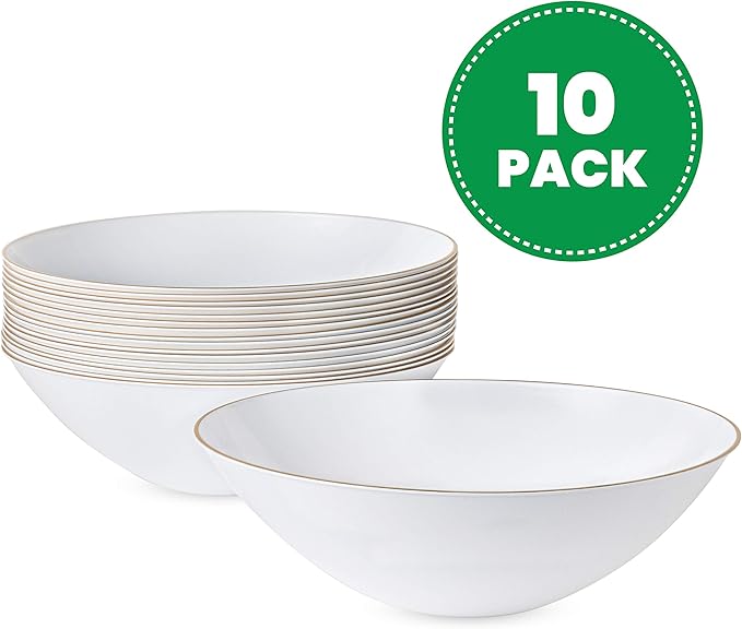 PLASTICPRO [16 OZ 10 Count] White Plastic Floral Design Party Soup bowls With Gold Rim Premium heavyweight Elegant Disposable Tableware Dishes