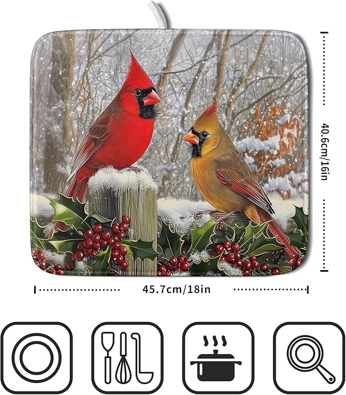 Winter Birds Dish Drying Mat Red Berry Dish Drainer Rack Mat Microfiber Absorbent Dish Drying Pad for Kitchen Counter Coffee Bar 16x18 Inch