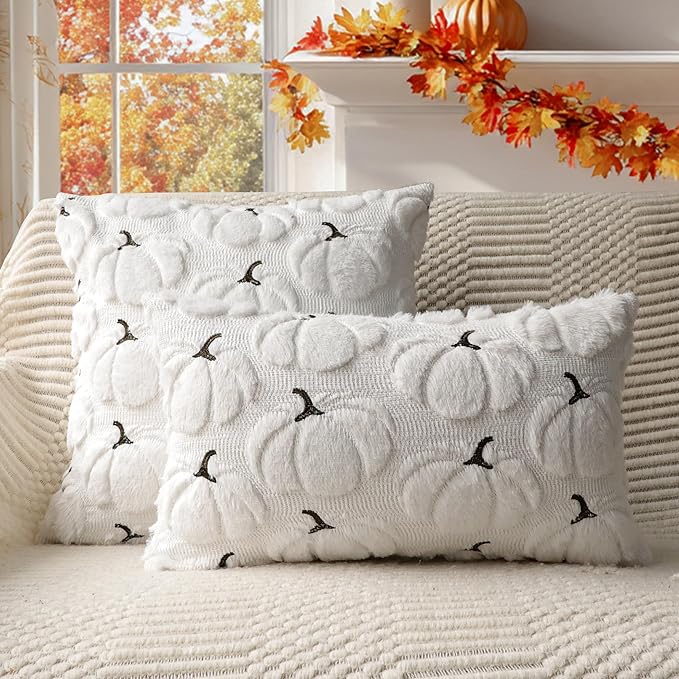 4TH Emotion Fall Pumpkins Decorative Pillow Covers 20x20 Set of 2, White Soft Plush Faux Fur Wool Farmhouse Throw Cushion Cases for Autumn Thanksgiving Holiday Home Decorations