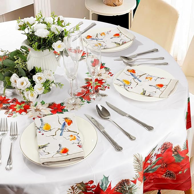 Winter Birds Napkins, 18×18 Inch Vintage Dinner Cloth Napkins Set of 6, Washable Cotton Soft Absorbent Square Napkins for Dining Kitchen Party Wedding Decoration