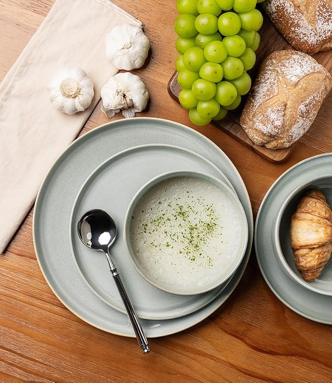 TheTerra Ceramic Dinnerware Sets for 4, 12 Pieces Handmade Reactive Glaze Plates and Bowls Set, Scratch Resistant Dish Set, Oven & Microwave & Dishwasher Safe, Sea Foam