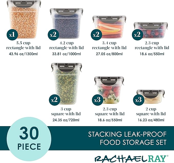 Rachael Ray Leak-Proof Stacking Container Food Storage Bin Set, 30-Piece, Clear with Gray Lids