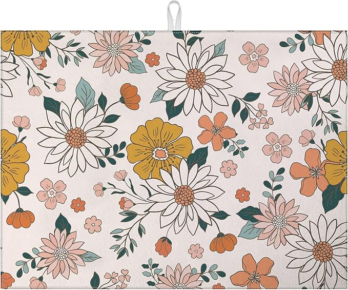 Boho Flower Dish Drying Mat for Kitchen Counter Microfiber Absorbent Dish Kitchen Drying Mat Draining Reusable Washable for Dishes/Utensils/Counterto