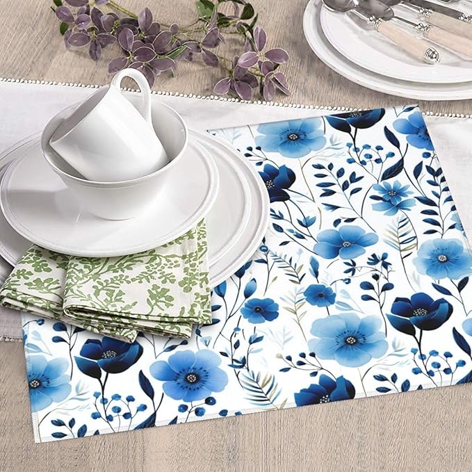 Blue White Floral Watercolor Dish Drying Mats, Absorbent Boho Blue Decorative Kitchen Counter Mat, 16" x 18", Polyester, Absorption, Foldable, for Kitchen Dishes Drainers, Small Appliances, Home Decor