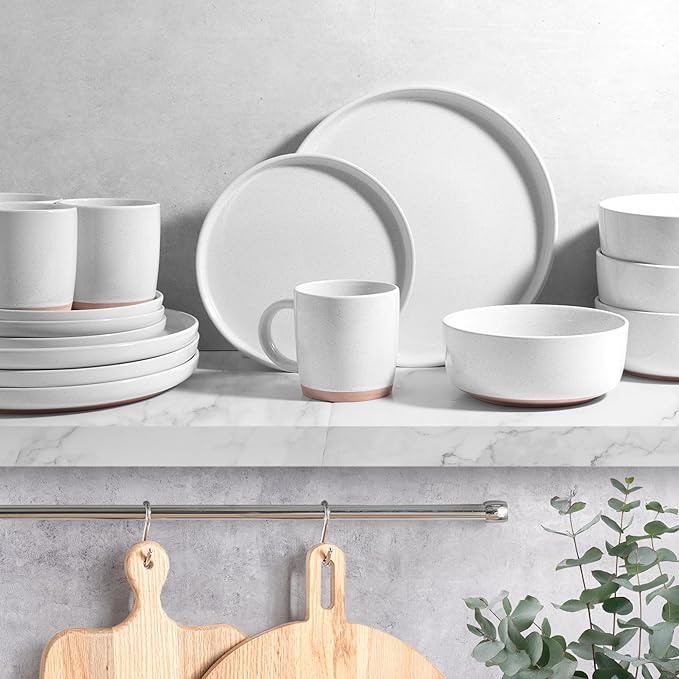 Zulay Kitchen Terra Stoneware Dinnerware Set, Artisanal Ceramic Plates and Bowls Set Crafted at 2300℉ - Service for 4, Speckled White