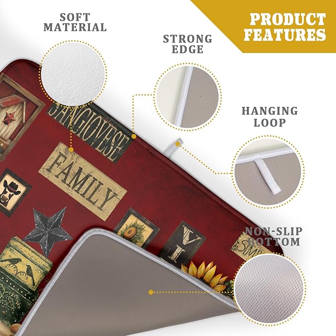 Rooster Dish Drying Mat 18x24 Inch with Hanging Loop,Vintage Country Style Farmhouse Chickens Absorbent Microfiber Non-Slip Counter Rack Sink Drainer Pad for Kitchen Countertop Table Decor