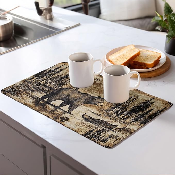 Carbine Bear Dish Drying Mat for Kitchen Counter Microfiber Super Absorbent Non-Slip Dish Drying Pad for Countertops Dishes Utensils Stylish Quick-Dry Machine Washable 18x24 Inch