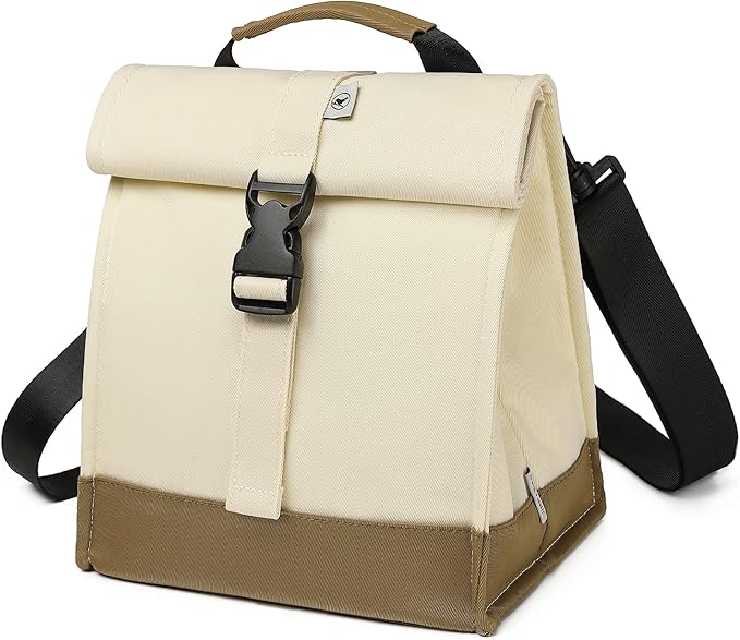 SUNNY BIRD Insulated Lunch Bag Rolltop Lunch Box Medium Lunch Cooler Tote for Women, Girls, Teens and Adults (White)