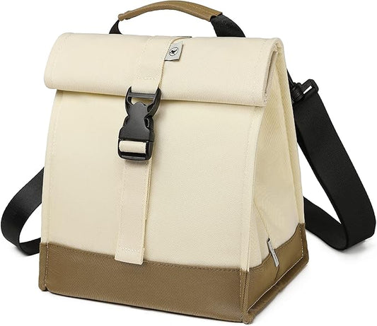 SUNNY BIRD Insulated Lunch Bag Rolltop Lunch Box Medium Lunch Cooler Tote for Women, Girls, Teens and Adults (White)