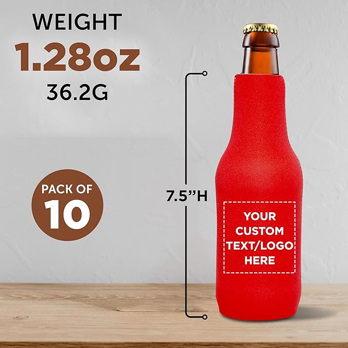 10 Neoprene Zippered Beer Bottle Coolies Pack - Customizable Text, Logo - Sharkskin Rubber Bottom - Red