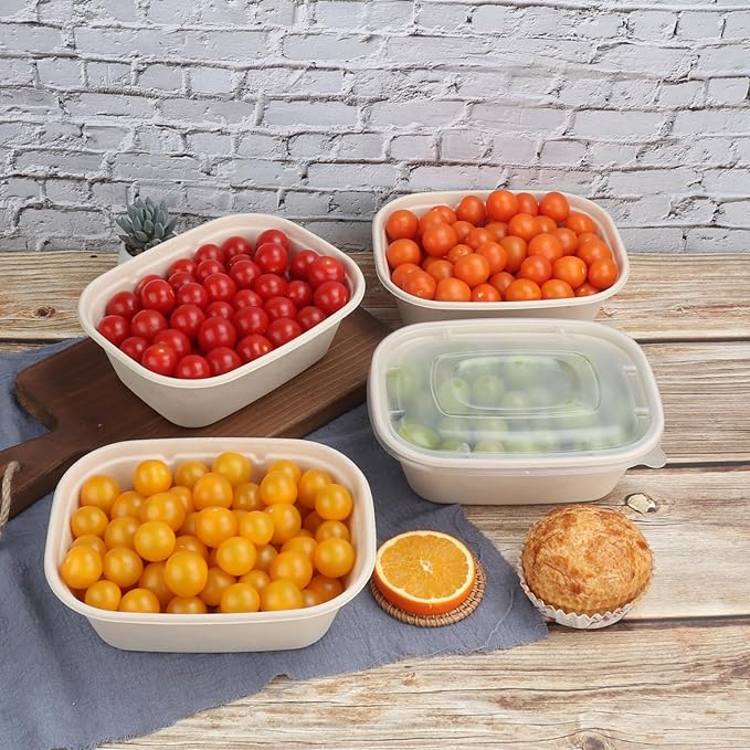 44 oz Disposable salad bowls with lids, Sugarcane Fiber Paper Bowls take away Bagasse food containers meal prep deli container 50 Pack