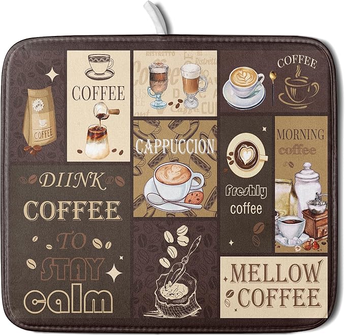 Brown Coffee Dish Drying Mat 16x18 Inch Coffee Cup Espresso Machine Pad Absorbent Washable Dish Rack Pad for Kitchen Counter Cafe Bar