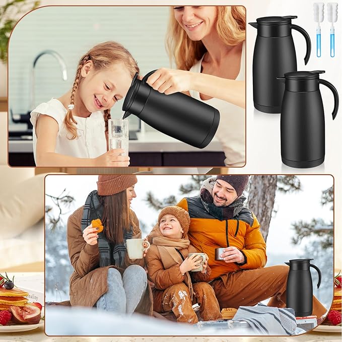 Uiifan 2 Pcs Thermal Coffee Carafe Insulated Stainless Steel Coffee Carafes for Keeping Hot and Cold Double Walled Vacuum Thermal Pot Flask with Brush for Water Milk Tea Home and Office(Black,34oz)