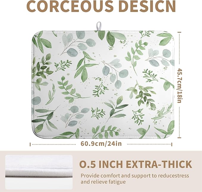 Summer Sage Green Leaves Dish Drying Mat Spring Eucalyptus Leaf Kitchen Dish Drying Pad Absorbent Dish Dryer Mat for Kitchen Countertops Microfiber Dishes Drainer Pad Dish Drying Rack Mat (18x24 in)