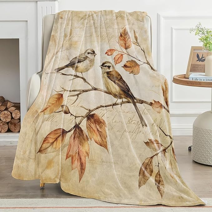 Vintage Bird Blanket Autumn Birds on Branch Throw Blankets Lightweight Flannel Throws for Camping Couch Chair Office Bed Home Decor Gifts for Adults,80x60inch