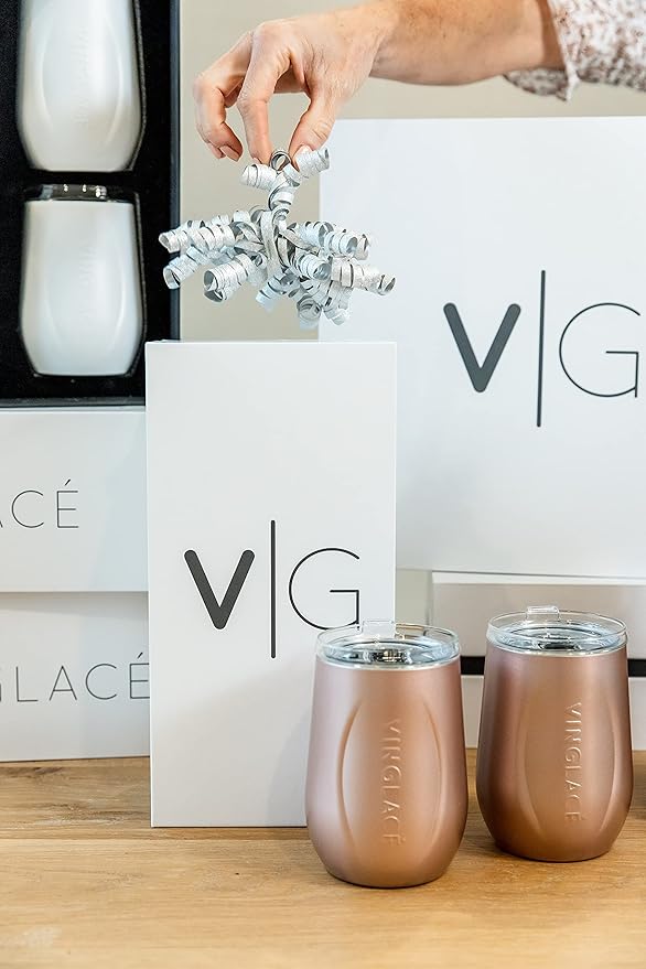Vinglacé Stainless Steel Stemless Wine Glass- Insulated Wine Tumbler with Glass Insert and Sip Lid, 10 oz, Rose Gold