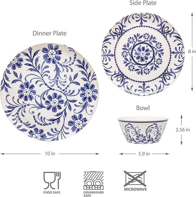 Bzyoo 12-Piece Melamine Dinnerware Set - Indigo Floral | Lightweight, Durable, BPA-Free | Dishwasher Safe Dish Set for Indoor & Outdoor Use - Perfect for Camping, BBQs, Kids Parties