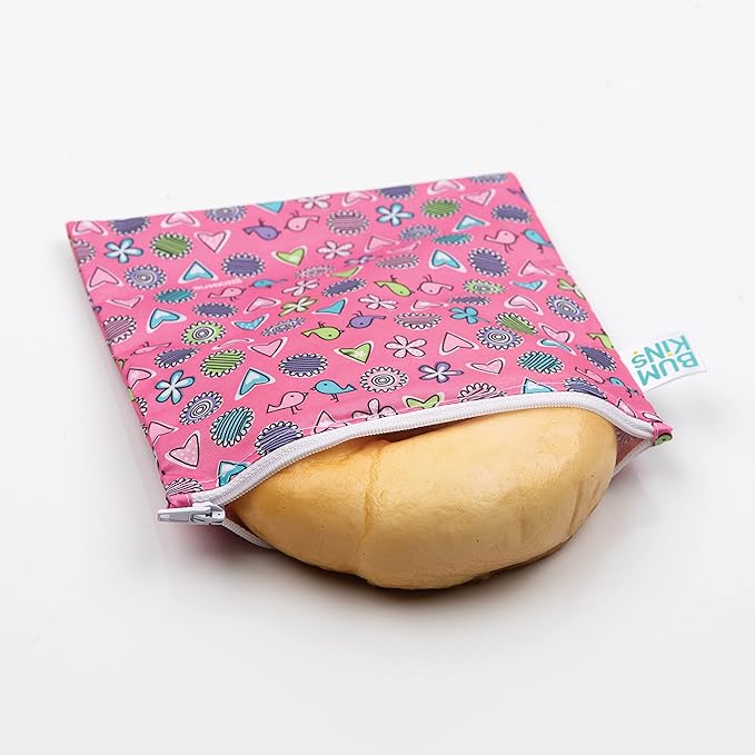 Bumkins Reusable Sandwich and Snack Bags, for Kids School Lunch and for Adults Portion, Washable Fabric, Waterproof Cloth Zip Bag, Travel Pouch, Food-Safe Storage, Large, Love Birds Pink