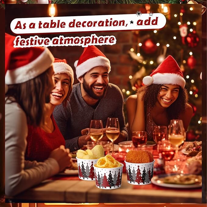 50 Pack Christmas Tree Treat Snack Cups Xmas Red and Black Buffalo Plaid Paper Ice Cream Cups 9 oz Disposable Dessert Bowls Soup Bowls for Hot or Cold Food Winter Xmas Holiday Party Supplies