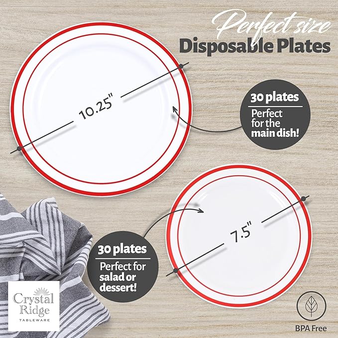 120-Piece Plastic Plates Set Premium 60 Dinner & 60 Salad Plates Pack, Disposable Plates for Party - White Plastic with Red Rim