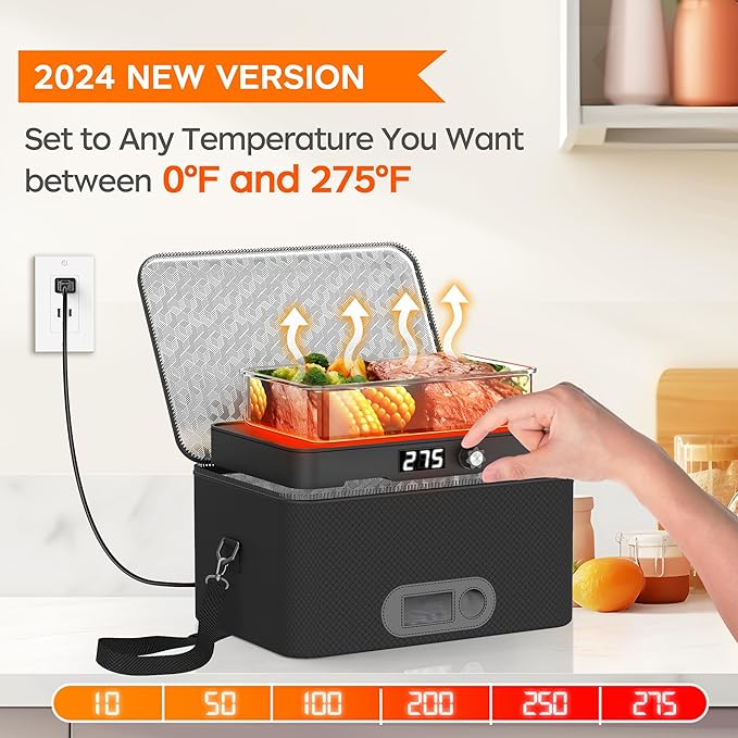 Portable Oven, 12V 24V 110V-240V Car Food Warmer Portable Personal Mini Oven Electric Heated Lunch Box for Meals Reheating & Raw Food Cooking for Road Trip/Camping/Picnic/Family Gathering(Black)