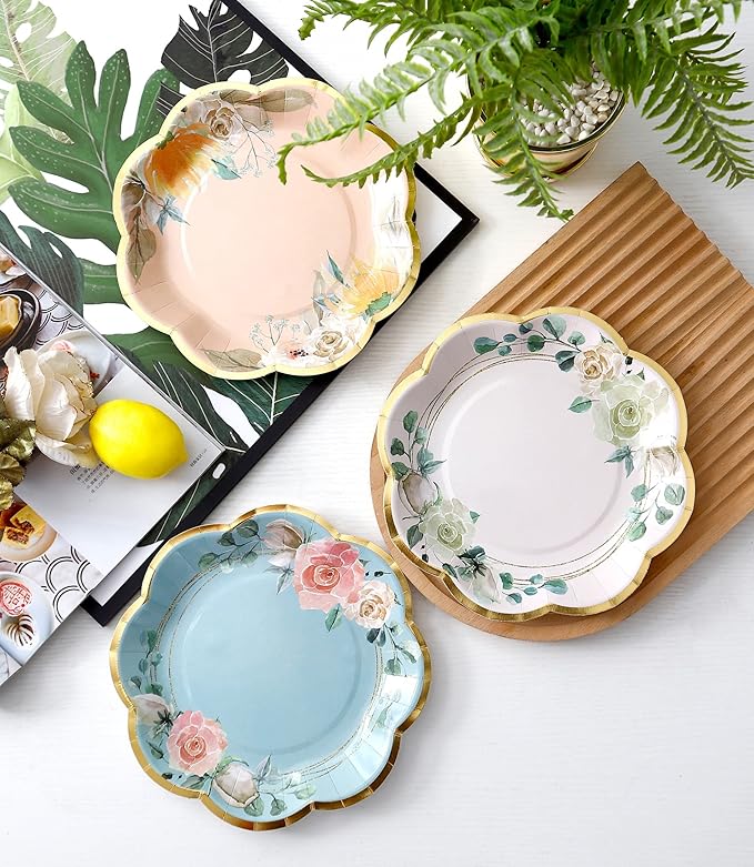 Winoo Design Floral Paper Plates - 48 PK - 9 Inch Flower Party Plates Floral Disposable Plates for Tea Party Baby Shower Brial Shower Birthday Wedding