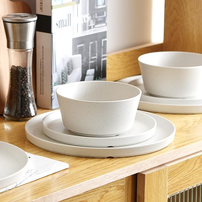FINE&NICE 12PCS Melamine Dinnerware Sets, Outdoor Dinnerware Sets for 4,Durable Camper Dinerware,Lightweight, Dishwasher Safe and BPA Free(Spotty White)