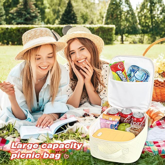 Aileam Lunch Box Lunch Bag for Women Cute Girls Lunch Box Insulated Womens Lunch Bag For Work Quilted Large Capacity Reusable Insulated Cooler for Work School Picnic Travel, Cream White