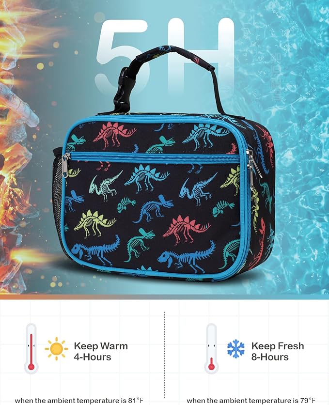 Bagseri Kids Lunch Bag Boys - Insulated Lunch Box for Kids Reusable Leak-Proof Boys Lunch Bag with Water Bottle Holder Toddler Lunch Box for Daycare and School, Black Dinosaur Fossil