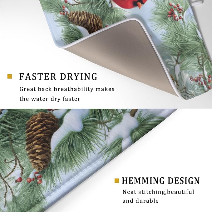 Winter Dish Drying Mat for Kitchen Counter Cardinal Birds Pine Trees Festival Microfiber Absorbent Dish Draining Reusable Washable Foldable Extra Large 18"x24"